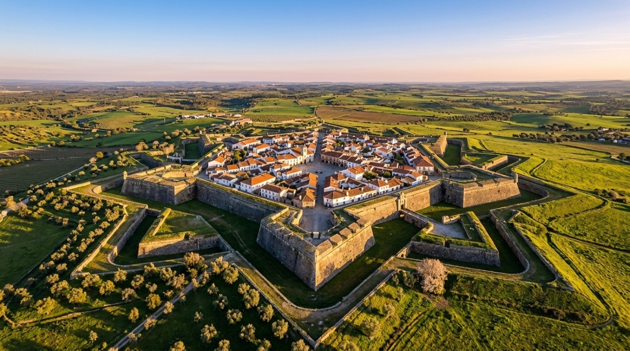 Vista do alto, uma vila portuguesa se transforma em uma estrela de 12 pontas: muralhas, baluartes e revelins cercam um núcleo histórico com 2,5 quilômetros de fortificações