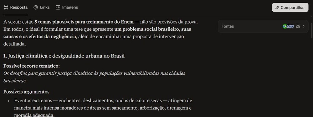 Com base em buscas e fontes, Perplexity traz possíveis temas para a redação do Enem — Foto: Diedrich Bader/TechTudo