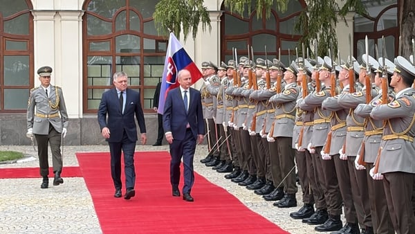 Taoiseach Micheál Martin welcomed by Slovak prime minister Robert Fico at government headquarters in Bratislava