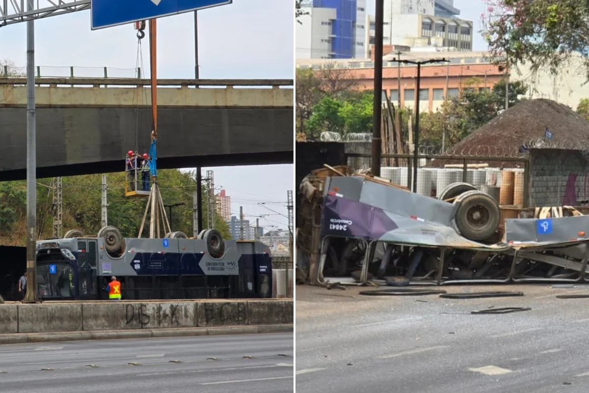 Ônibus é lançado do Viaduto Helena Greco durante as gravações de Vicentina Pede Desculpas, em Belo Horizonte, em setembro de 2024