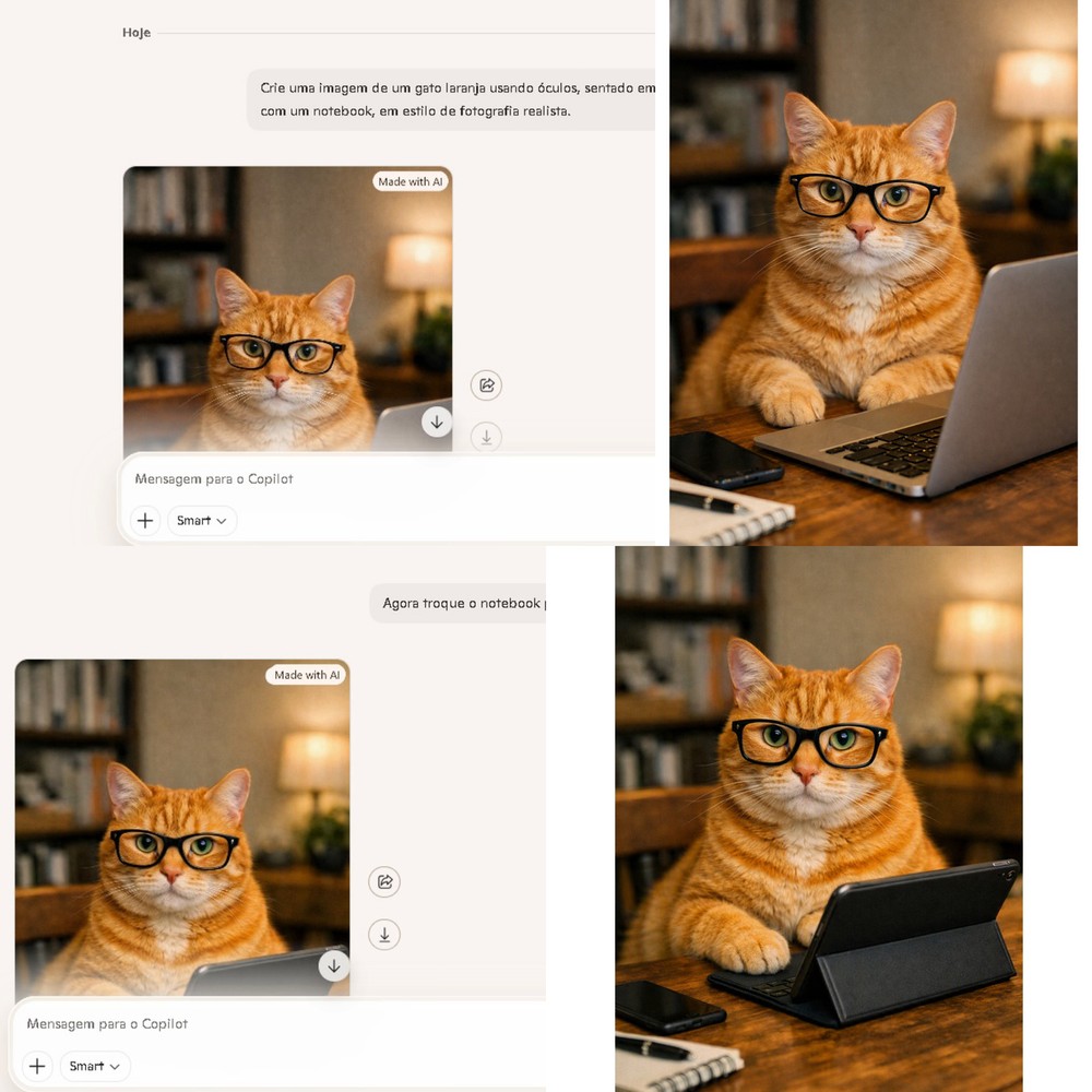 A geração de uma imagem a partir do primeiro comando e, depois, trocou o notebook por um tablet ao receber uma nova instrução — Foto: Reprodução/Copilot