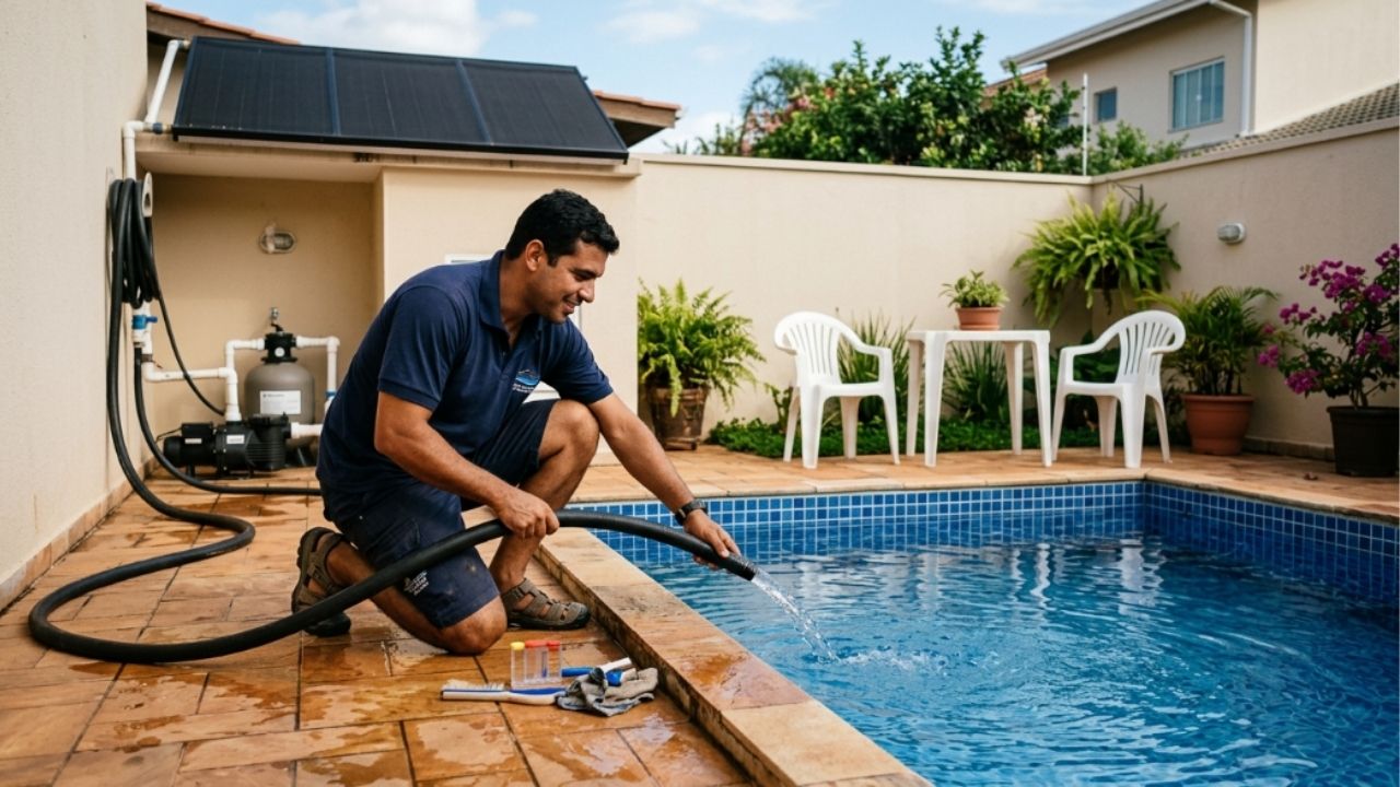 Piscineiro revela invenção caseira: mangueira preta enrolada como uma grande espiral vira coletor solar para esquentar a piscina