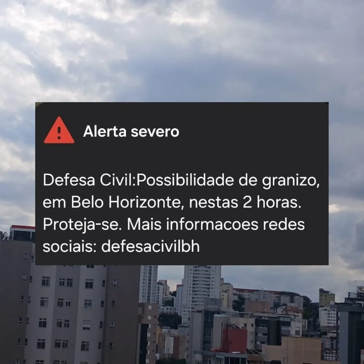 Defesa Civil de BH emite alerta severo para granizo e ventos de até 50 km/h