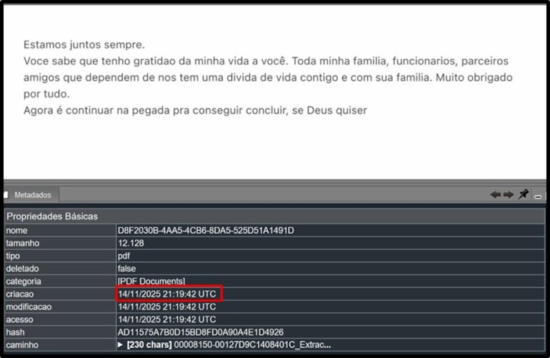 Mensagem escrita por Vorcaro que teria sido enviada a Moraes, segundo a PF