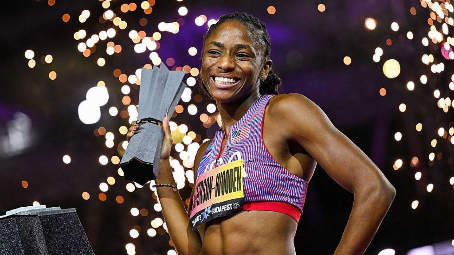 Melissa Jefferson-Wooden venceu a final dos 200 metros rasos do Mundial de Atletismo Ultimate 2026, em Budapeste, na Hungria, com a marca de 21,47 segundos (o quarto melhor tempo da história da prova)