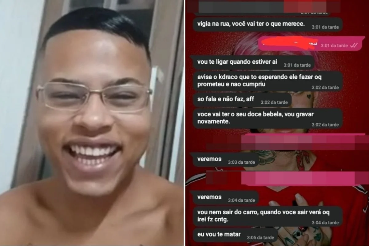 Montagem colorida com foto de homem preso (à esquerda) e ameaça de morte (à direita) a adolescente suspeita de abuso.