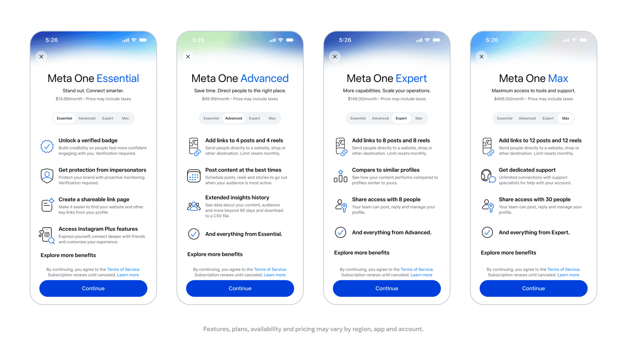 Planos Meta One para empresas e criadores em quatro níveis