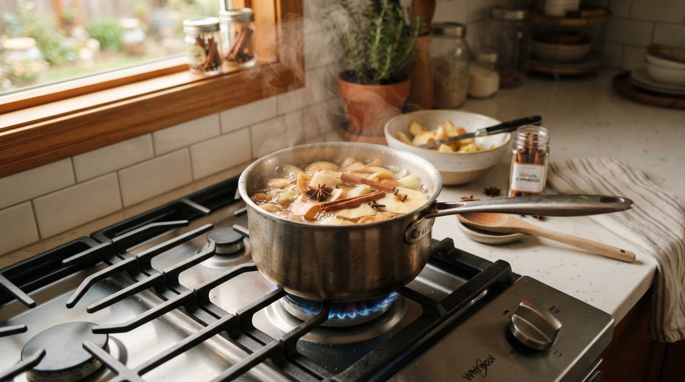Ferver cascas de maçã e canela no fogão 15 minutos antes de receber visitas: o segredo antigo que perfuma a casa inteira e neutraliza cheiro de fritura