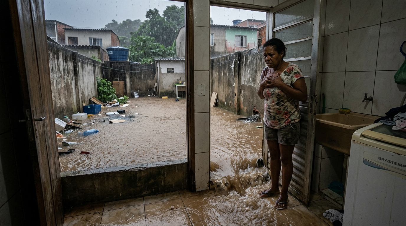 Morador cimenta o quintal inteiro para acabar com a lama e passa a ver água entrando pela lavanderia em toda chuva forte: o piso novo ficou mais alto que a soleira, o caimento foi invertido sem ninguém perceber e a porta virou o ponto mais baixo do terreno