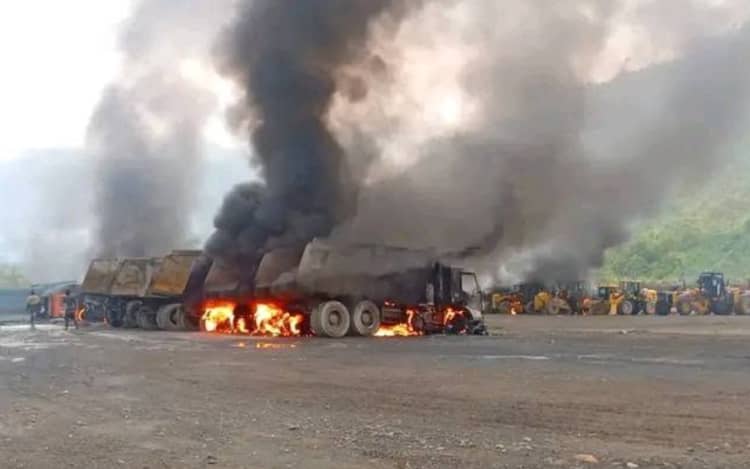 Heavy machinery and vehicles reportedly belonging to Indian company Lloyds Metals and Energy Limited were destroyed in an arson attack at the Panguna mine site, 13 September 2026.