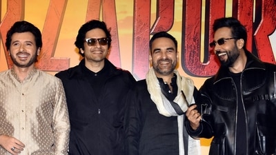 (L-R) Divyenndu, Ali Fazal, Pankaj Tripathi and Abhishek Banerjee during the trailer launch of Mirzapur: The Movie. (PTI Photo)(PTI08_11_2026_000498A)(PTI08_16_2026_000423A) (PTI)
