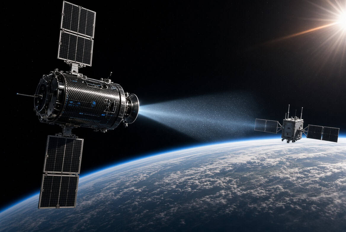 Satélite de defesa orbital interceptando outro satélite