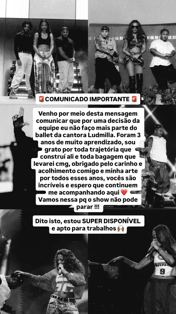 Yuri Costa anuncia saída do balé de Ludmilla e desabafa: "Aprendizado"