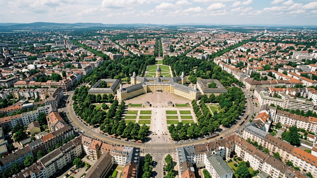 Vista do alto, uma cidade alemã parece desenhada com régua e compasso: o palácio ocupa o centro e dezenas de ruas se espalham como um enorme sol